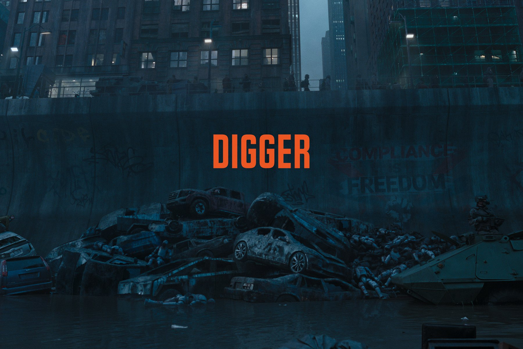 폐차가 쌓인 도시를 배경으로 표시된 DIGGER 제목